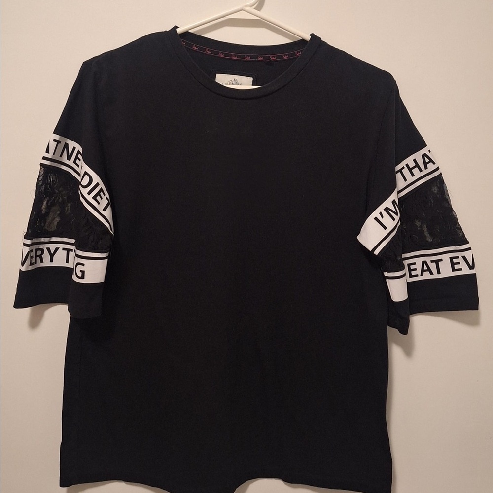 Black T-Shirt with White Lettering and Lace Sleeves